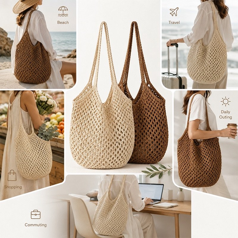 Boho Crochet Mesh Tote Bag - Image 3
