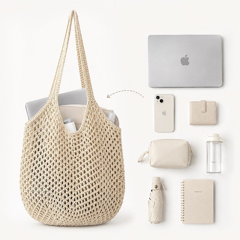 Boho Crochet Mesh Tote Bag - Image 5