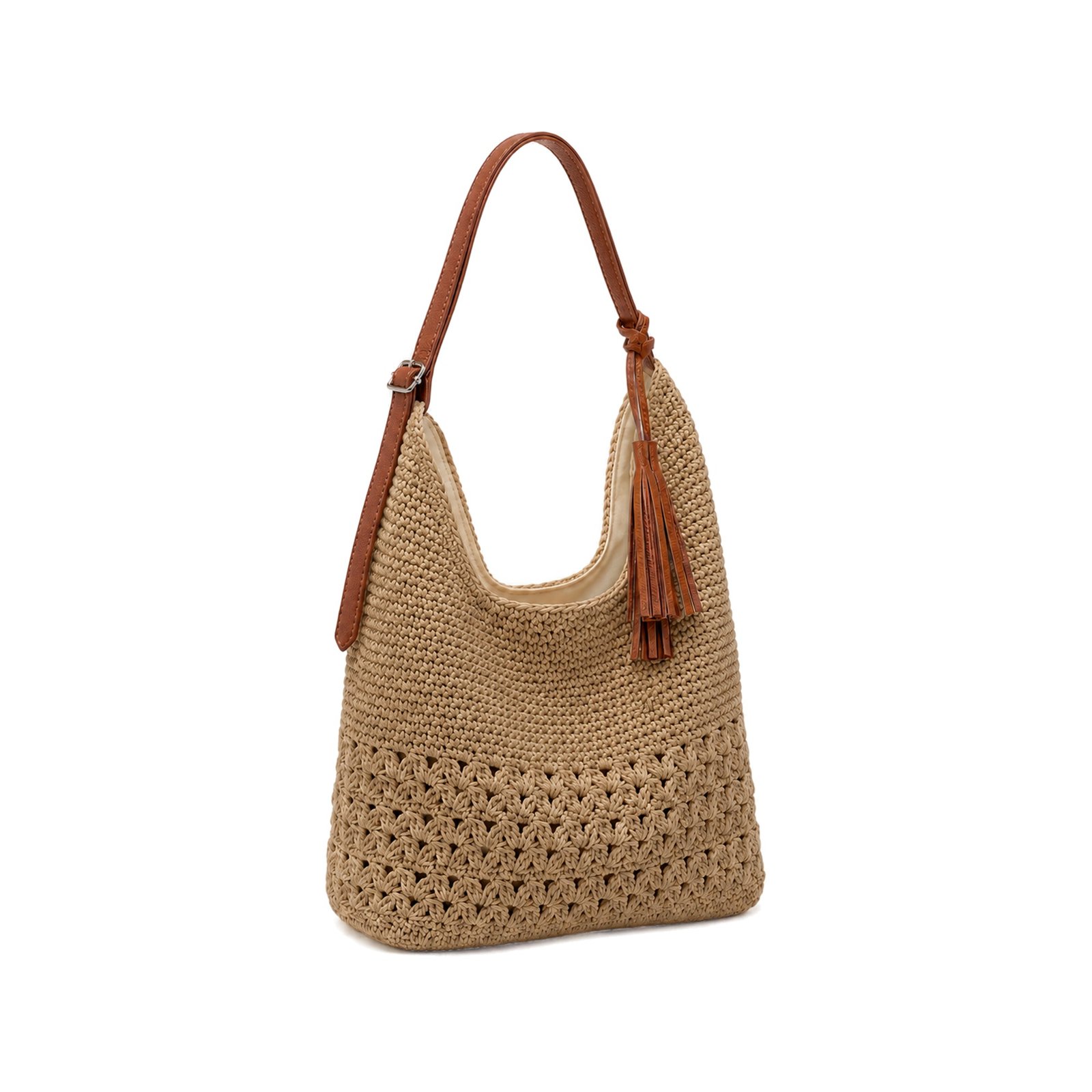 Leather-Trim Crochet Shoulder Tote