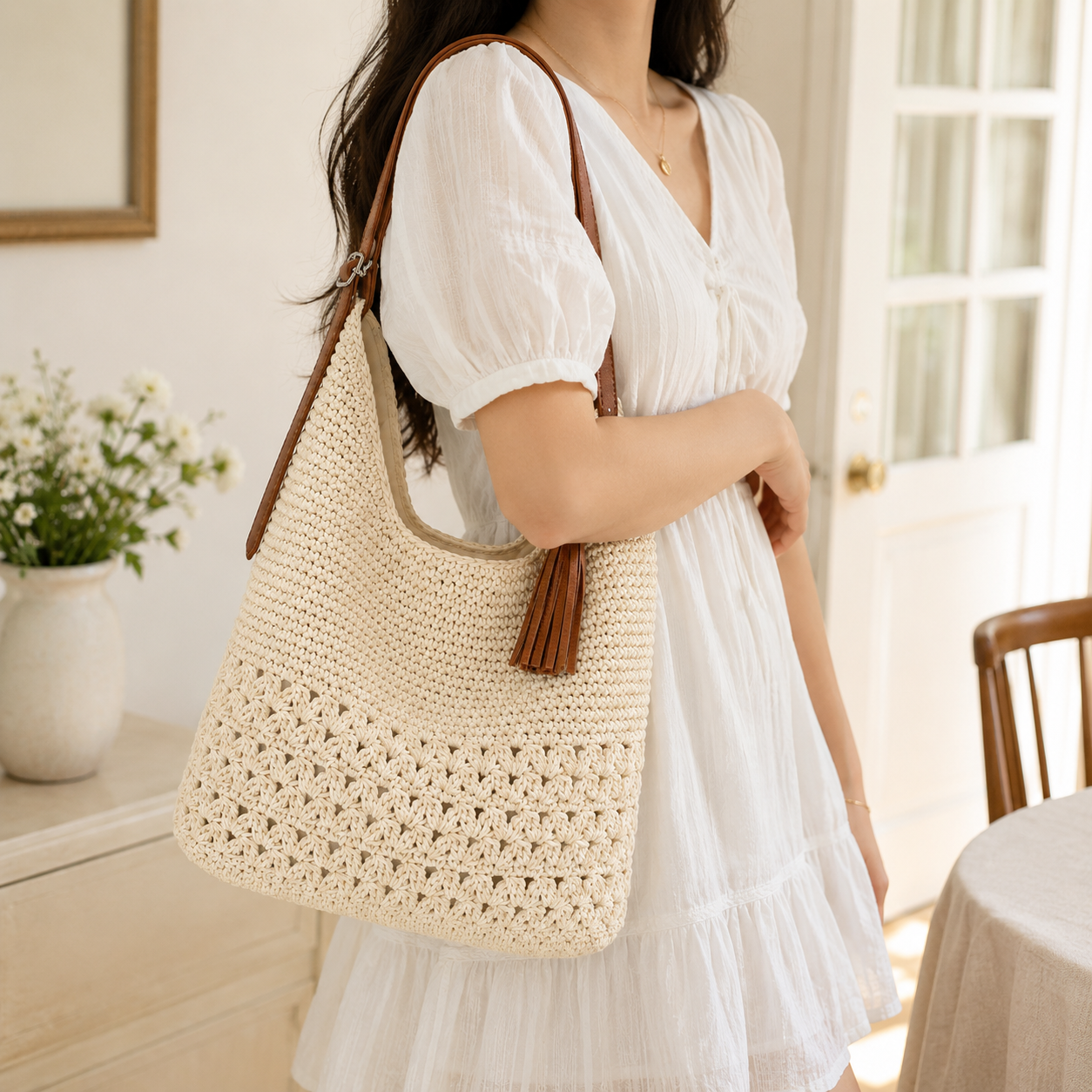 Leather-Trim Crochet Shoulder Tote - Image 4