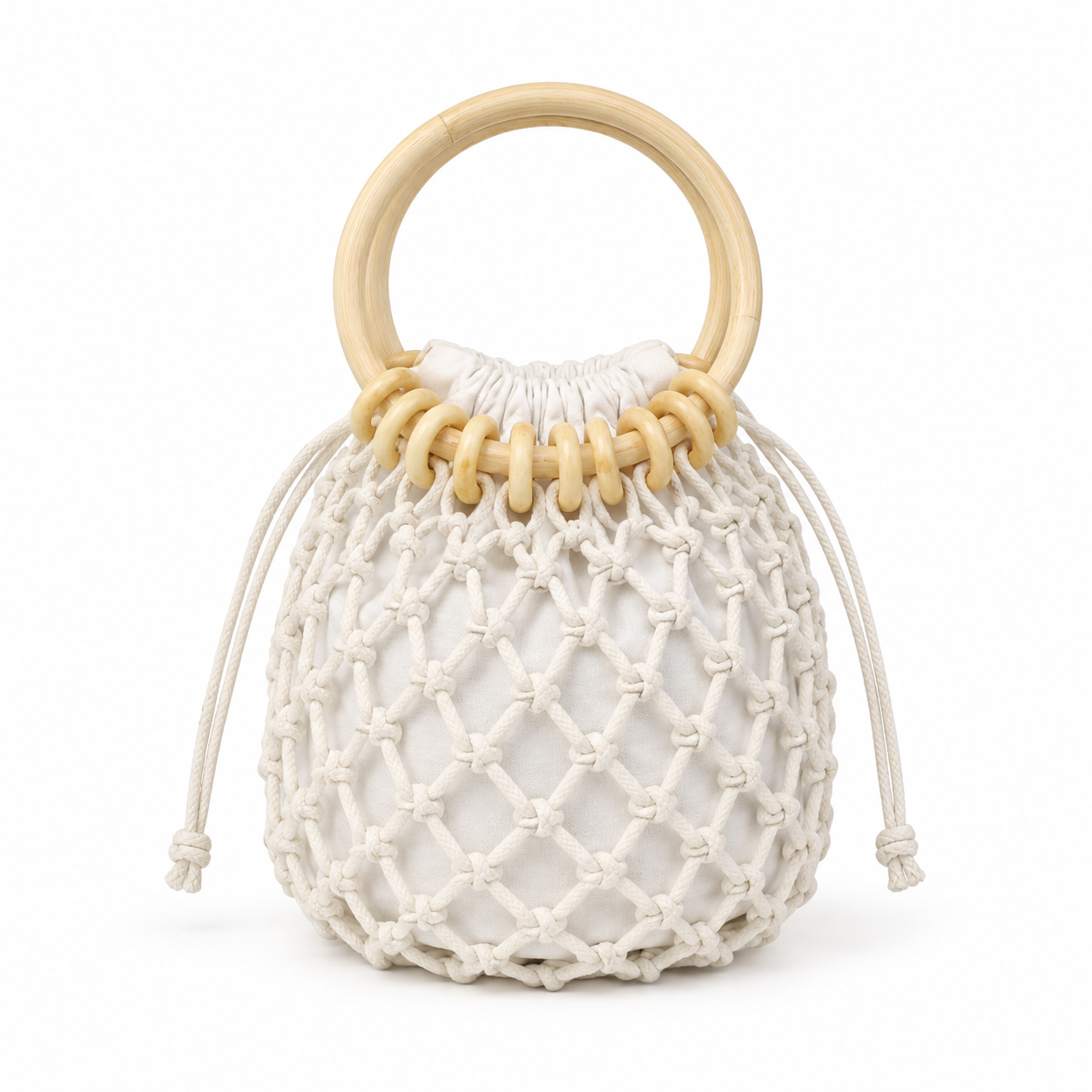 Wooden-Ring Macrame Drawstring Bag