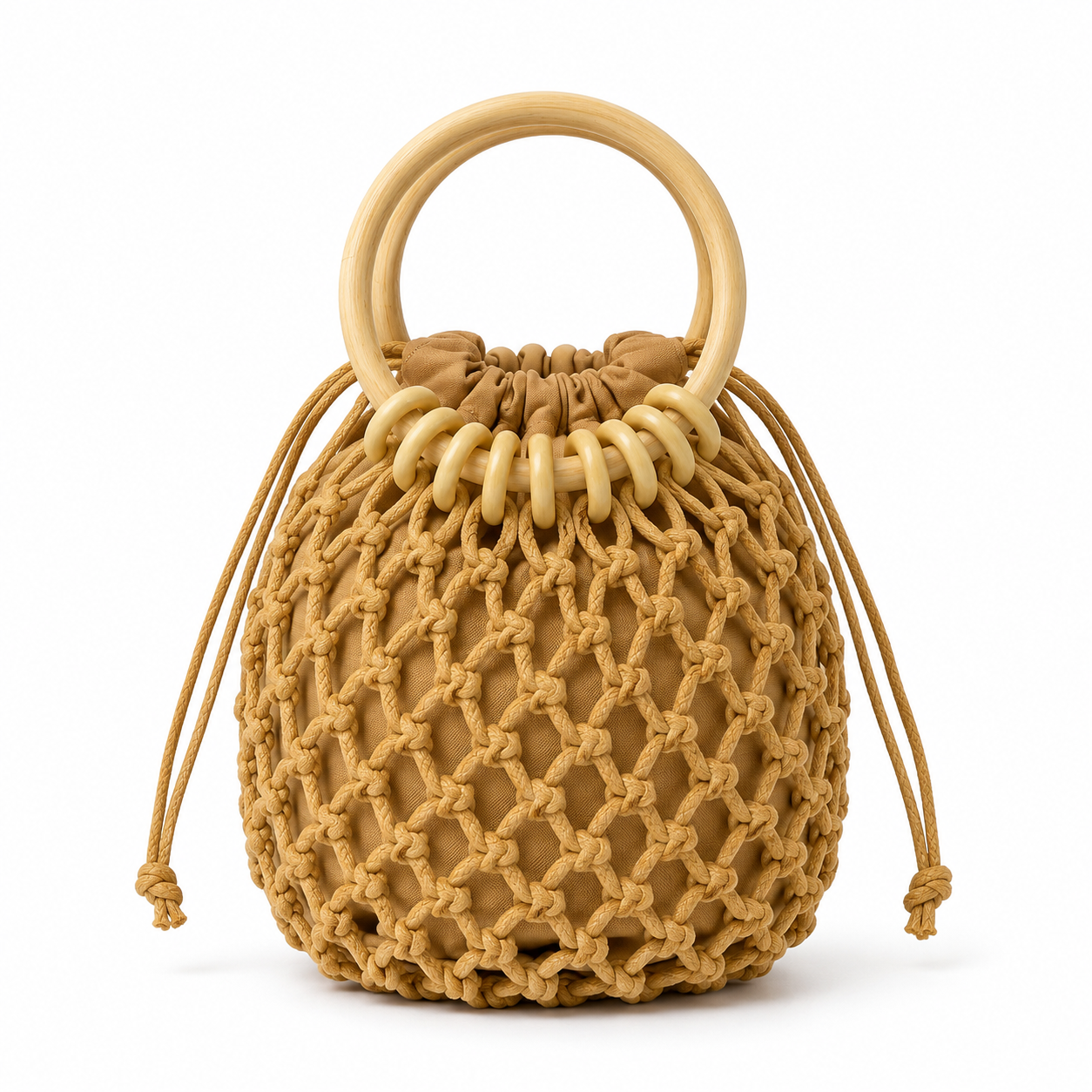 Wooden-Ring Macrame Drawstring Bag - Image 2