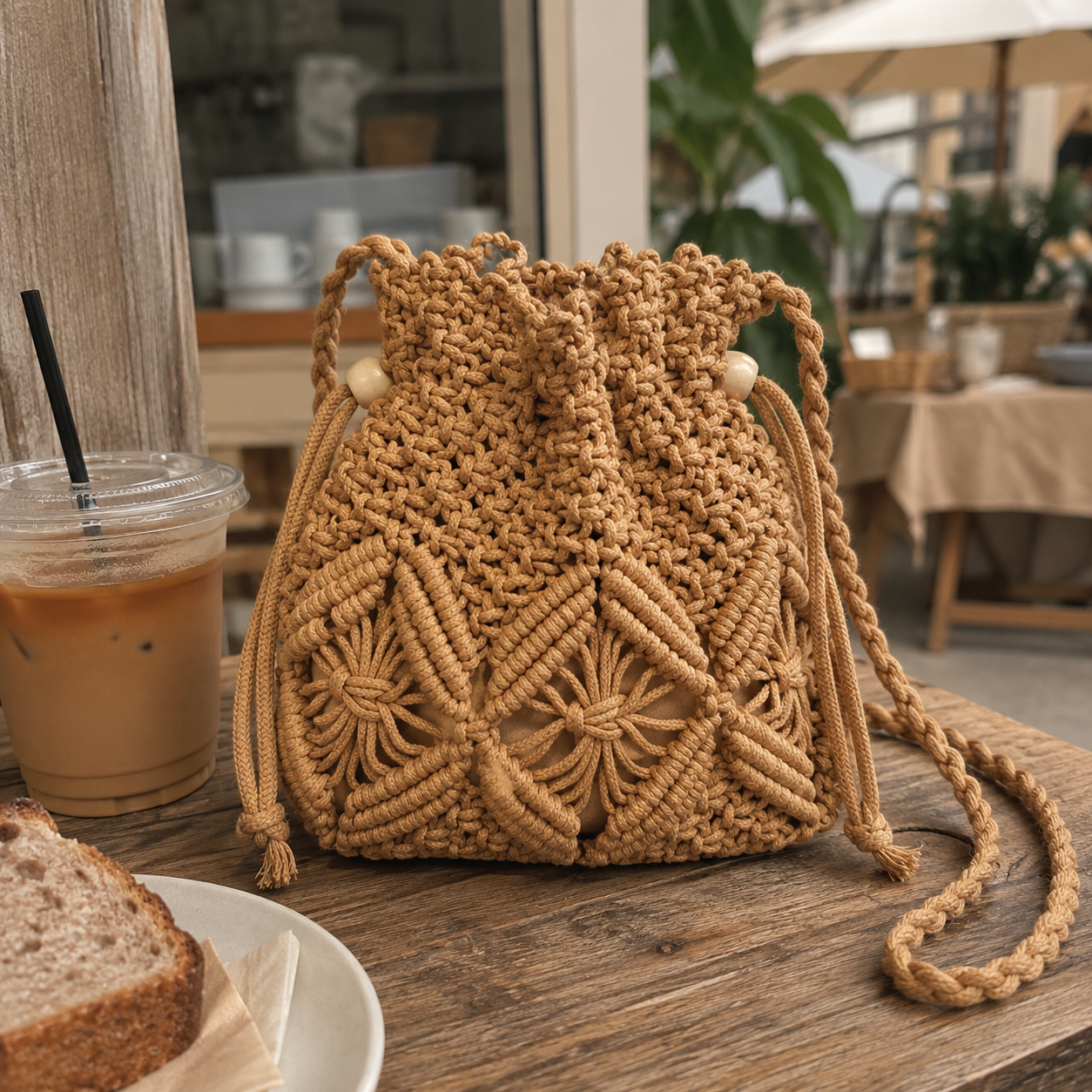 Macrame Drawstring Bucket Crossbody - Image 6