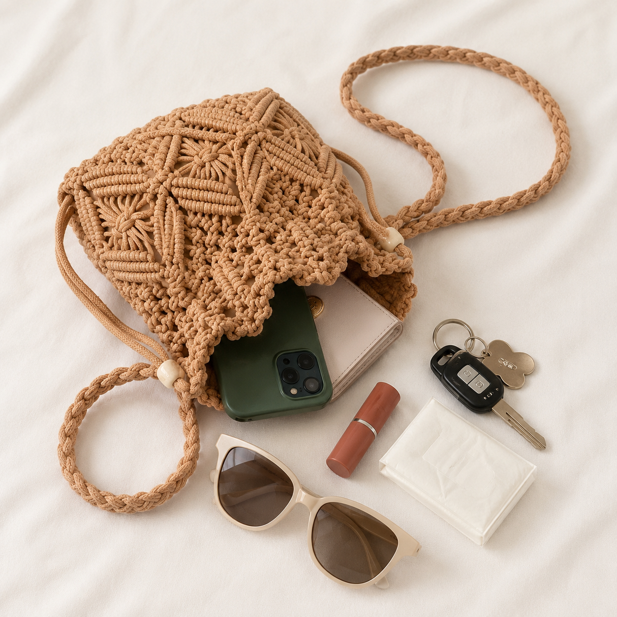 Macrame Drawstring Bucket Crossbody - Image 9